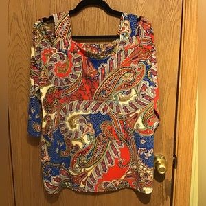 Chico's Top Size 2 Multicolor Paisley 3/4 Sleeve Liquid Knit Cold Shoulder